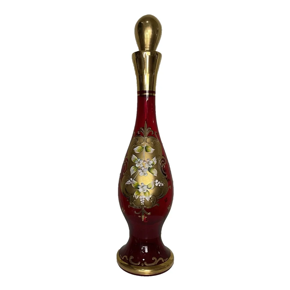 Vintage RED Tre Fuochi Murano Venetian Glass Aperitif Set gold Plated Italy